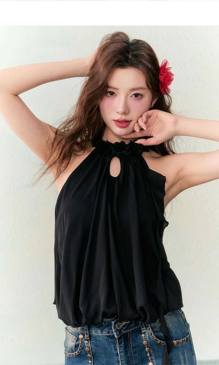 OCRC Official Red Flower Collar Spaghetti Strap Design Sensation Floating Ribbon Bud Chiffon Top