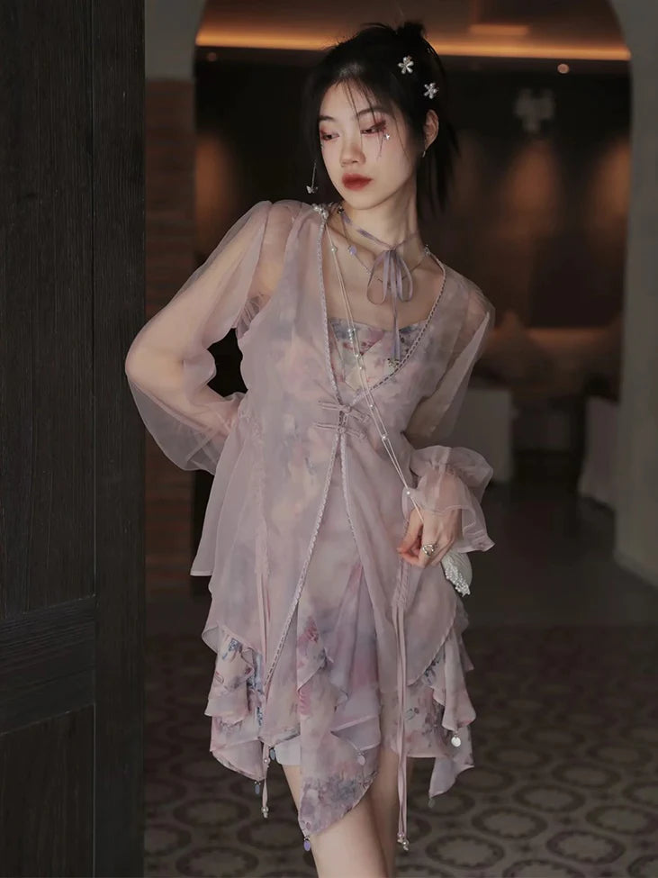 Oil Painting Printed Suspender Dress & Mesh Pleat Dress & Shirt Cardigan