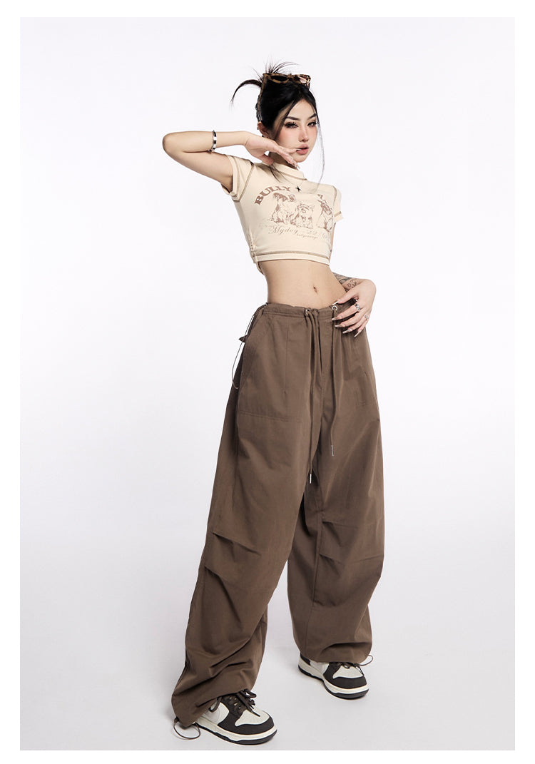 AN JITT Peach Collection" Grey Parachute Pants New American Style Drawstring Utility Pants Wide-Leg Casual Pants for Women Spring/Summer