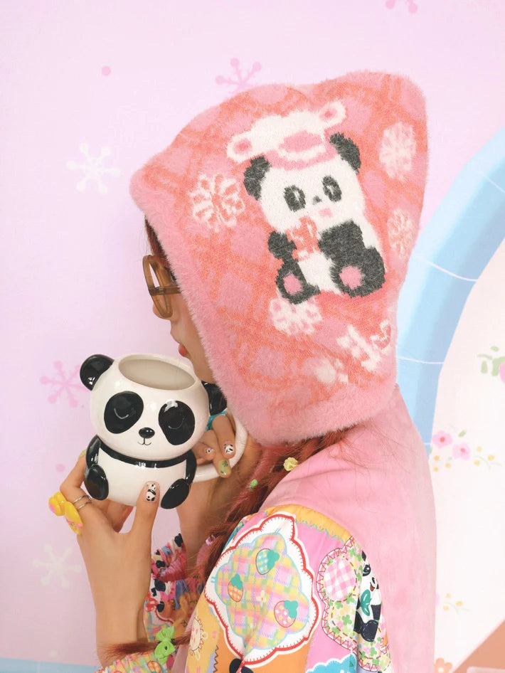 Retro Plaid Giant Panda Plush Knitted Ear Protection Hat- Outfits Aesthetic