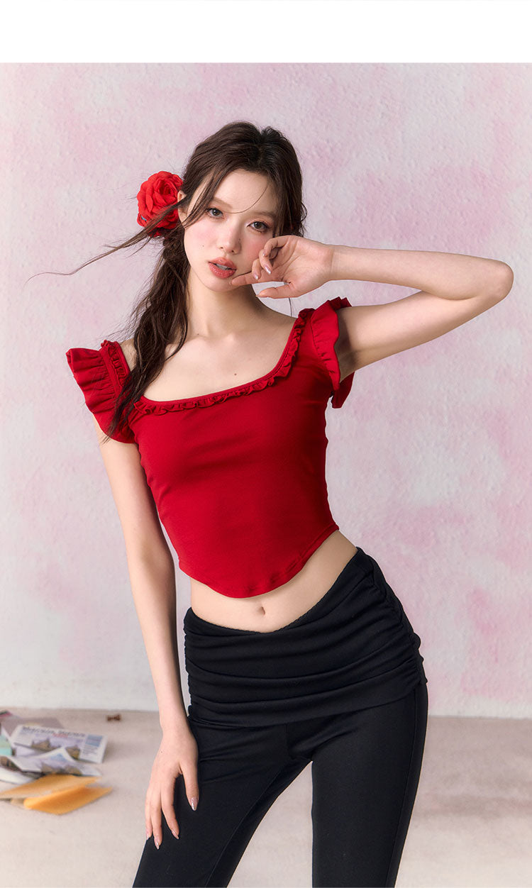 OCRC Official Red Spicy Girl's Small Flying Sleeve Sling Top Women's Summer Slim Short T-shirt, can be worn on both sides