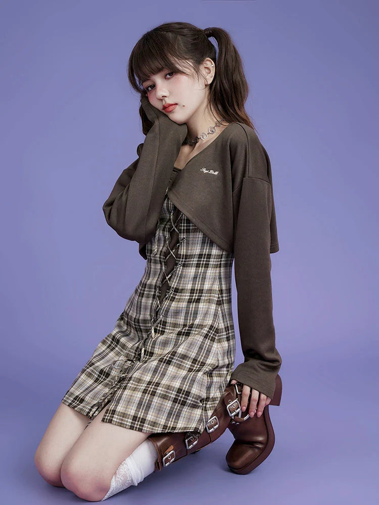 Plaid Suspender One-piece ＆ Cardigan Set-up