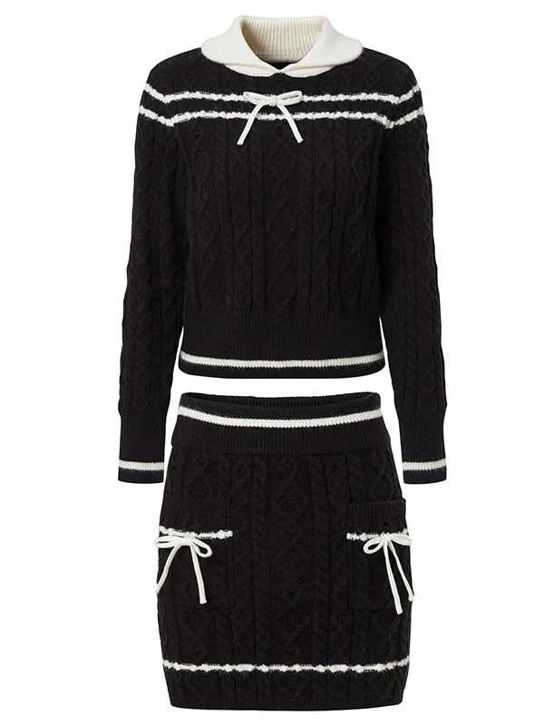 Cable Knitted Contrast Color Sweater & Skirt