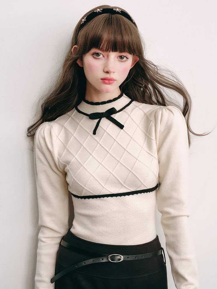 Bottle-Neck Puff Sleeve Knitted Top