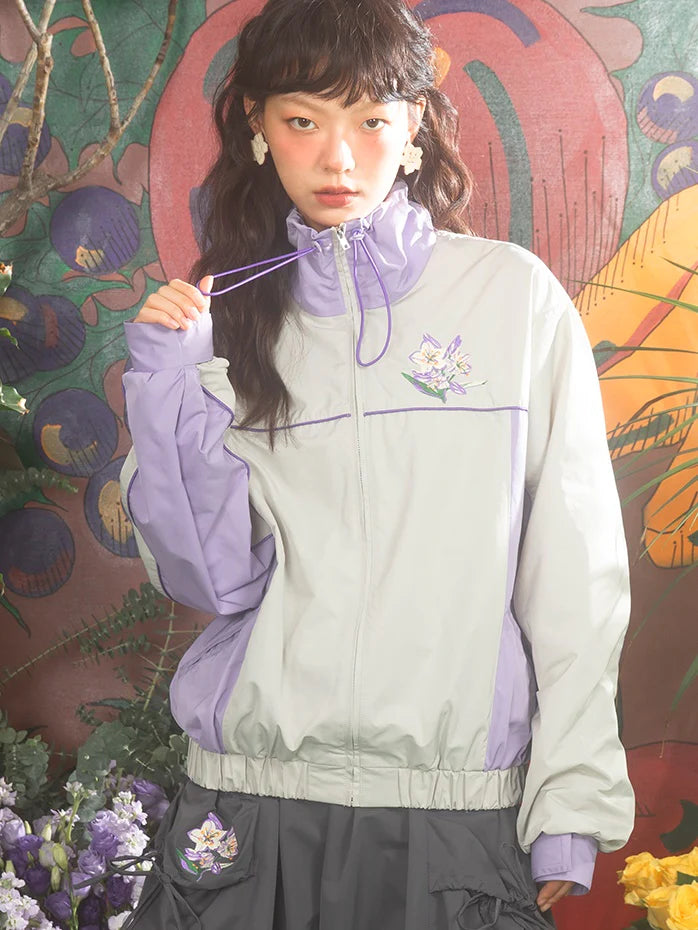 Cherry Blossom Embroidery Zipper Windbreaker- Simple Outfits