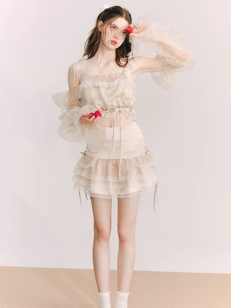 Organza Puff Sleeve Lace Top & Skirt