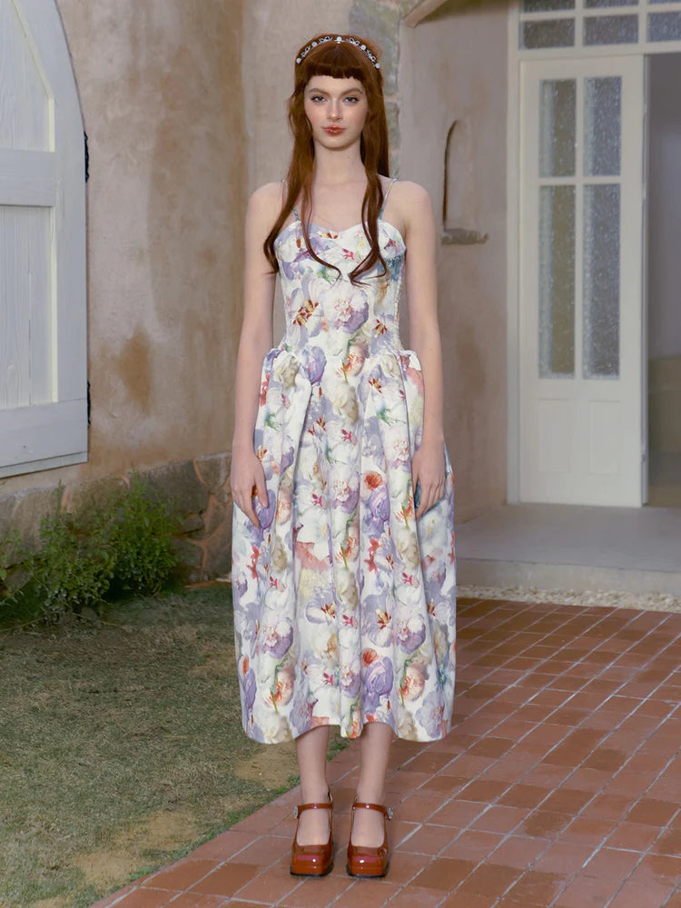 Flowers Print Suspender Dress