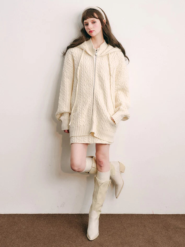 Bunny Ears Hooded Knitted Cardigan & Skirt