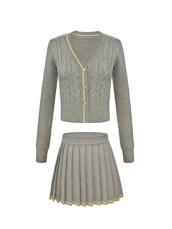 Embroidered Cable Knitted Cardigan & Pleated Skirt