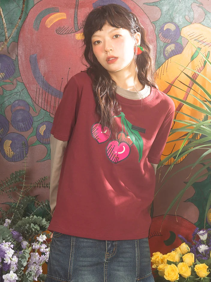 Cherry Print Fake Layered Long-sleeved T-shirts- Simple Outfits