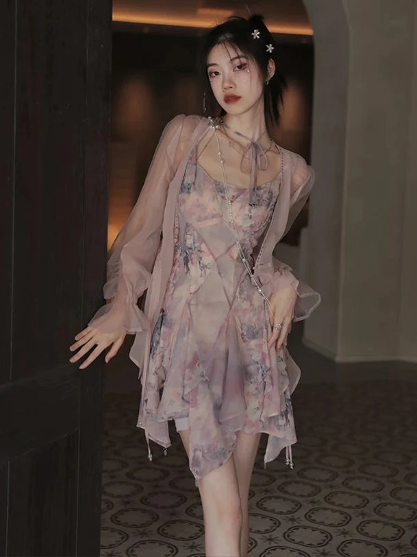 Oil Painting Printed Suspender Dress & Mesh Pleat Dress & Shirt Cardigan