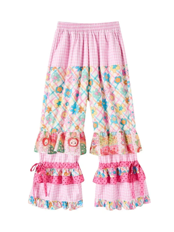 Patchwork Printed Plaid Cake Pants- Outfits Aesthetic