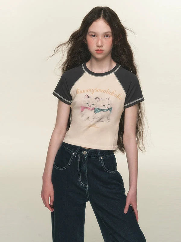 Cat Print Raglan Sleeves Tight T-shirt