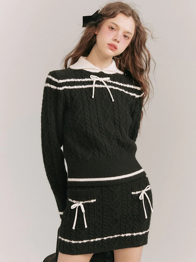 Cable Knitted Contrast Color Sweater & Skirt