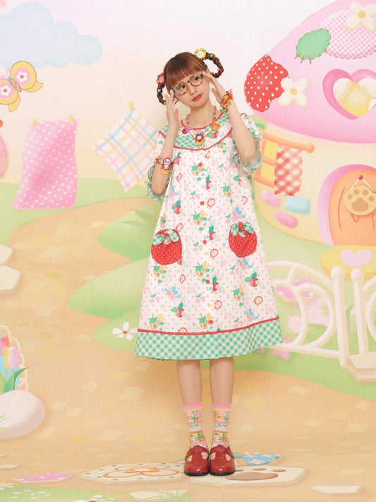 Strawberry Bear Print Loose One-piece- Simple Outfits