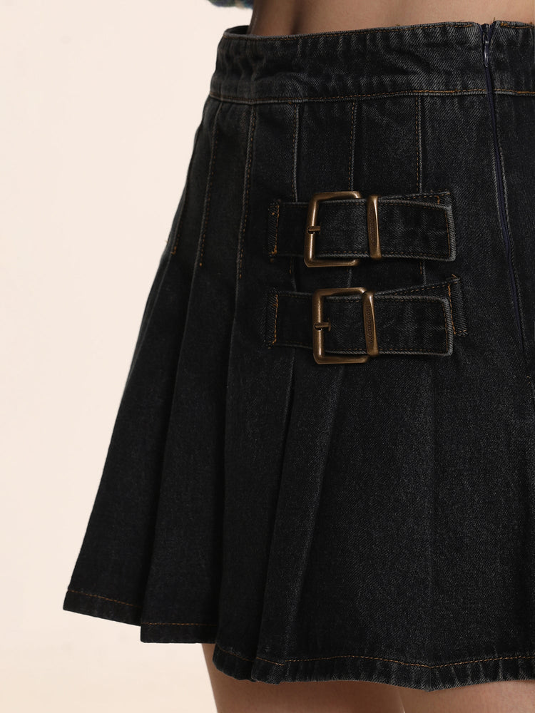 Double Strap Short Pleated Denim Skirt