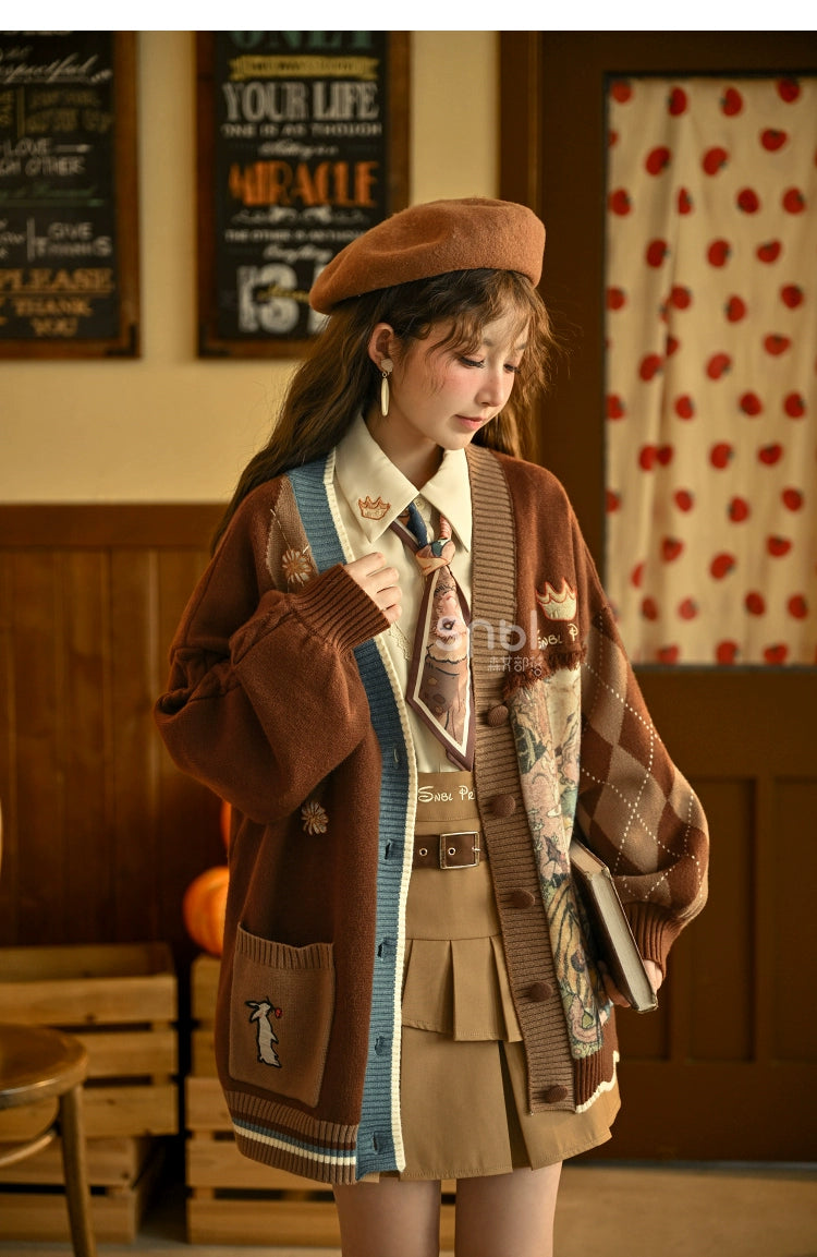 Vintage and lazy atmosphere loose knit sweater with V-neck and cardigan jacket #PN-5010