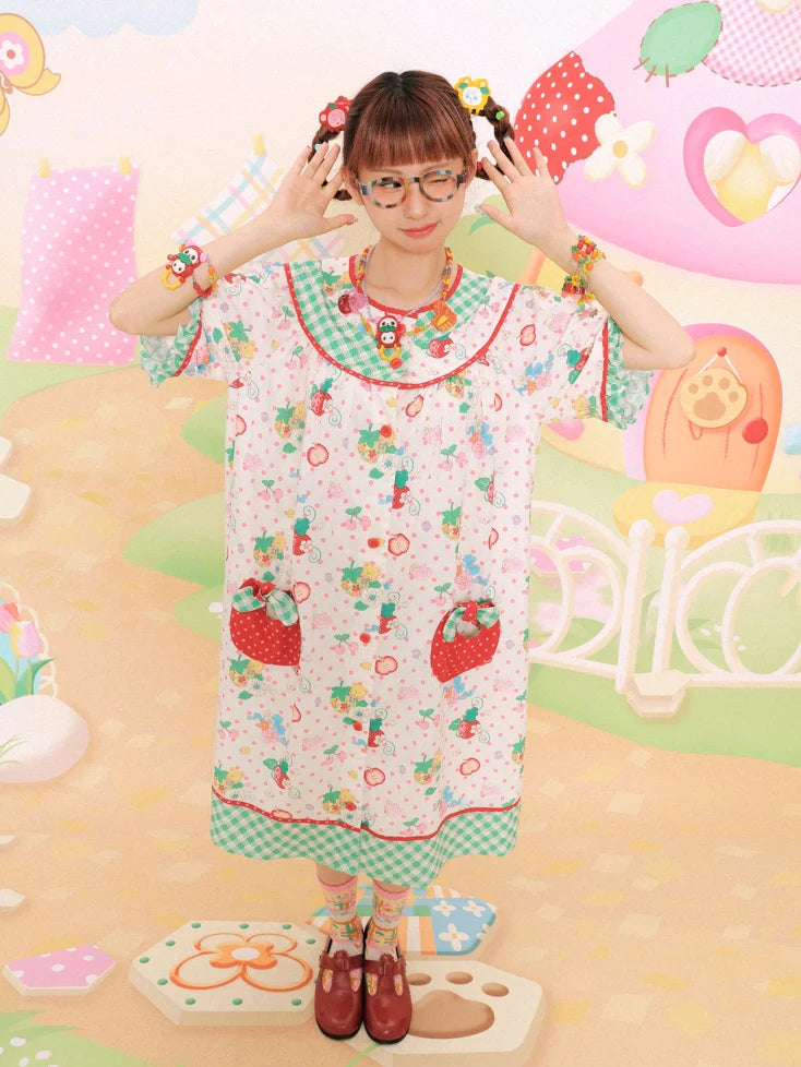 Strawberry Bear Print Loose One-piece- Simple Outfits