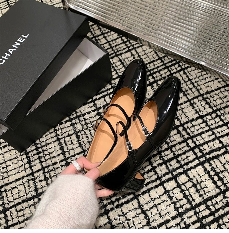 Romantic Escape ~ High Fashion INS Style Double-Breasted Silver Mary Jane Shoes Chic Round-Toe Chunky Heel Sheepskin Single Shoes for Women