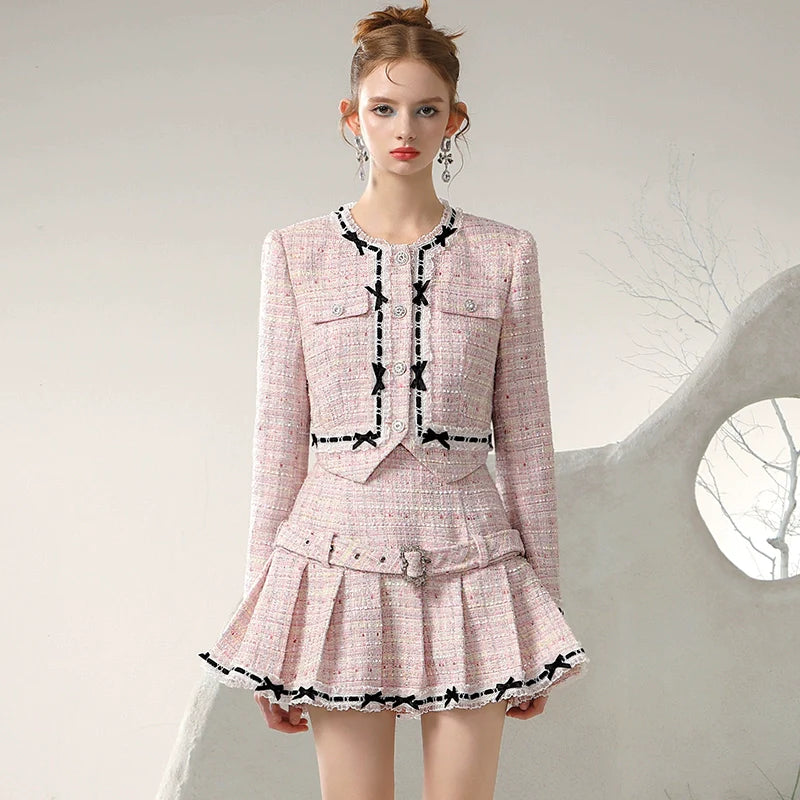 Tweed Suit Ribbon Feminine Jacket ＆ Mini-Skirt