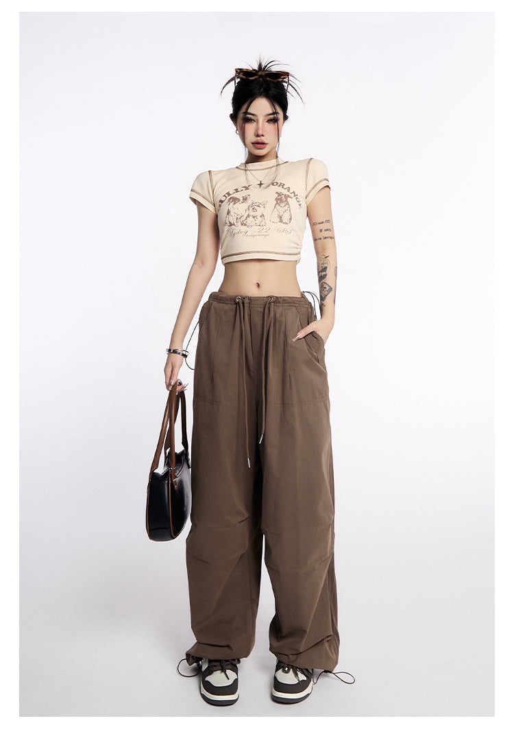 AN JITT Peach Collection" Grey Parachute Pants New American Style Drawstring Utility Pants Wide-Leg Casual Pants for Women Spring/Summer