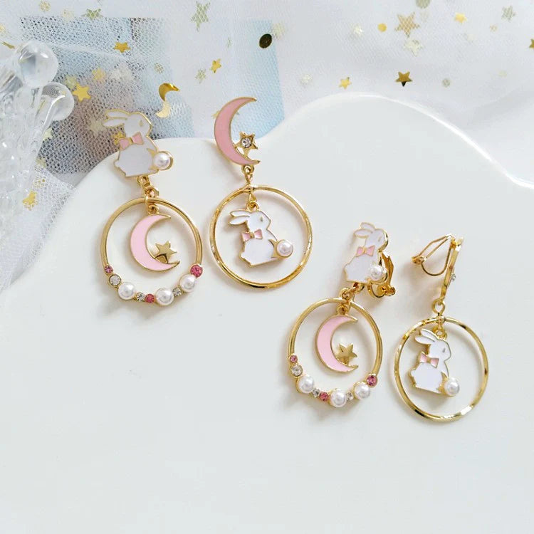 Lovey Rabbit and Moon Earrings/Clips