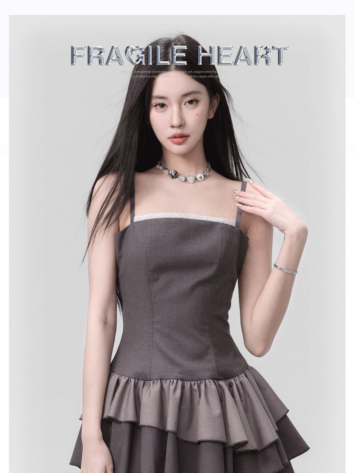 fragileheart Fragile Store · Gray outfit, versatile sweet and salty gray lace spliced suspender princess dress