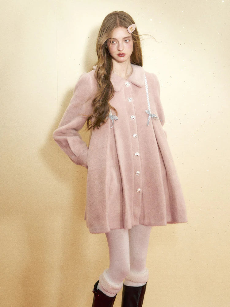 Doll Collar Stitching Bow A-Line Coat