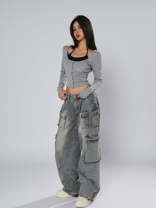 AN JITT Peach Collection" Women's Jeans American Retro Low-Waisted Straight Wide-Leg Loose Washed Multi-Pocket Work Pants Spring