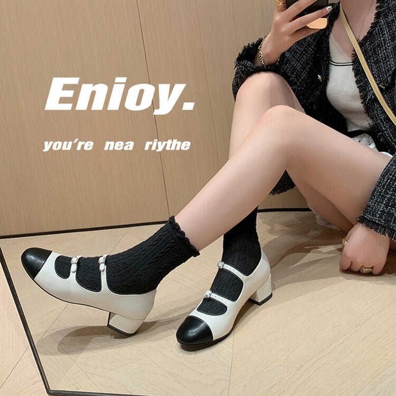 This is the ultimate Chanel style! French vintage double diamond buckle Mary Jane shoes, genuine leather patchwork shallow mouth thick mid-heel single shoes for women.