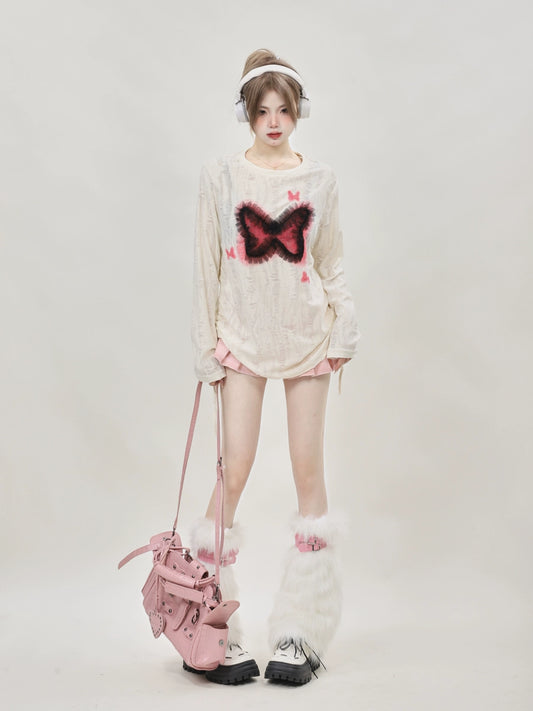 imKawaii Original Wasteland-style butterfly white long-sleeved top, undershirt, drawstring top -pn5016