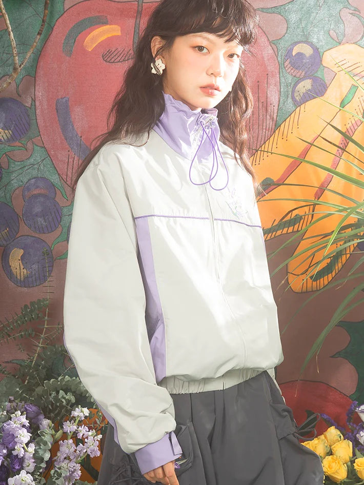 Cherry Blossom Embroidery Zipper Windbreaker- Simple Outfits