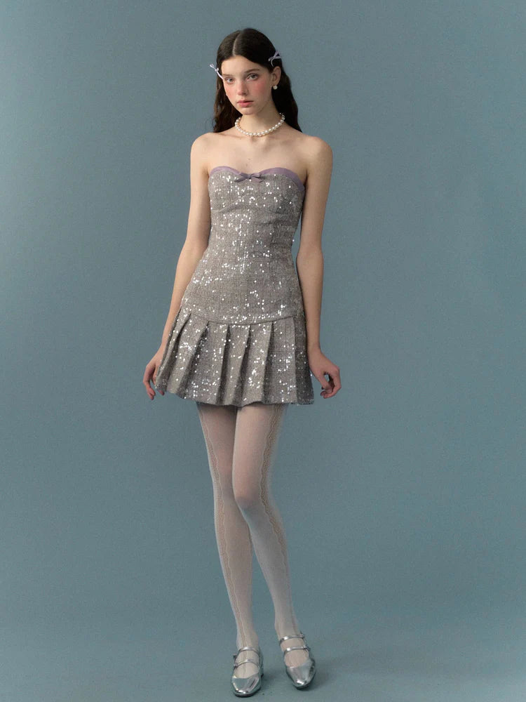 Sequins Strapless Waist Pleated Short Dress