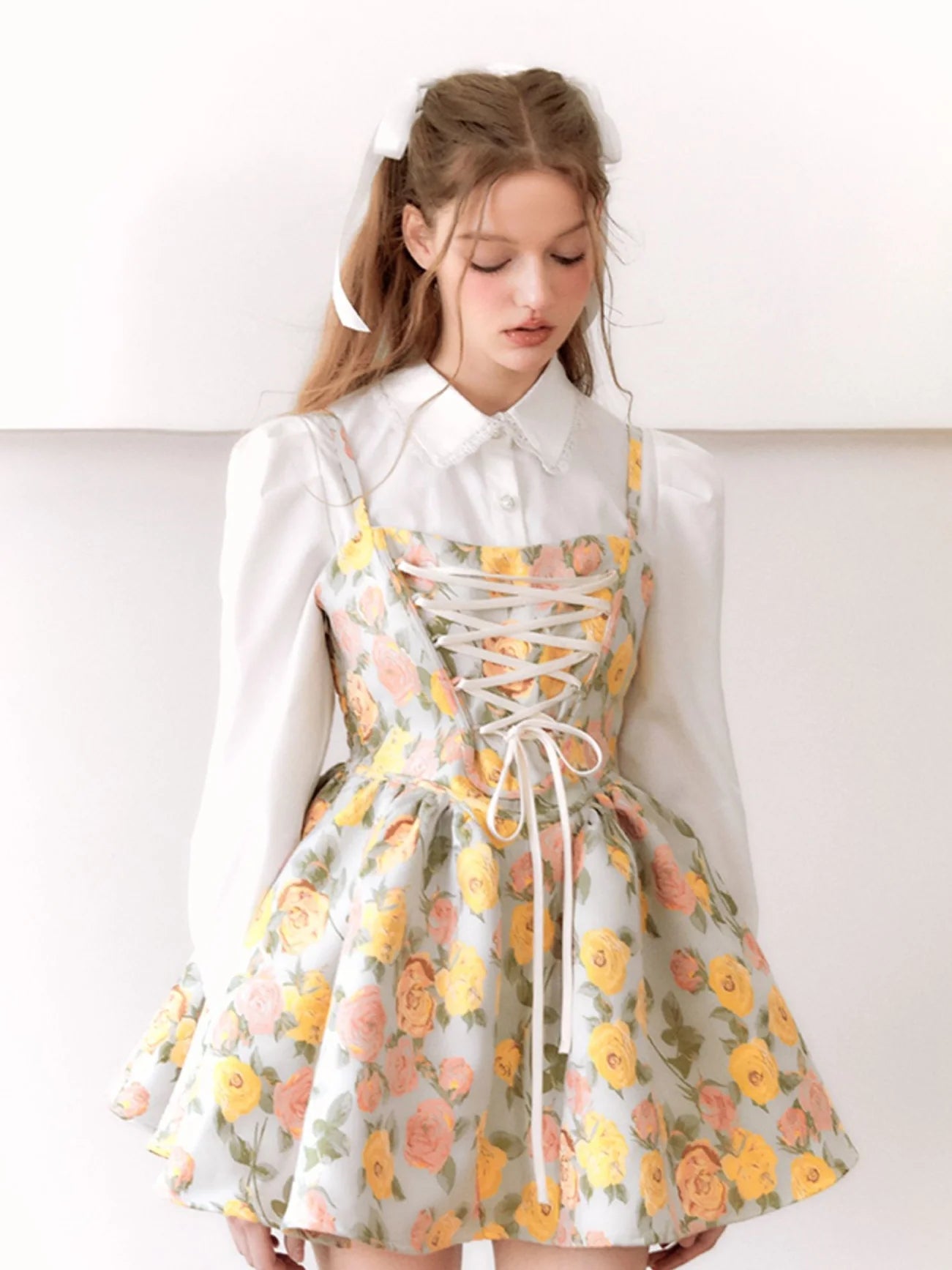 Oil Painting Ballet Style Suspender Dress & Waist Shape Shirt