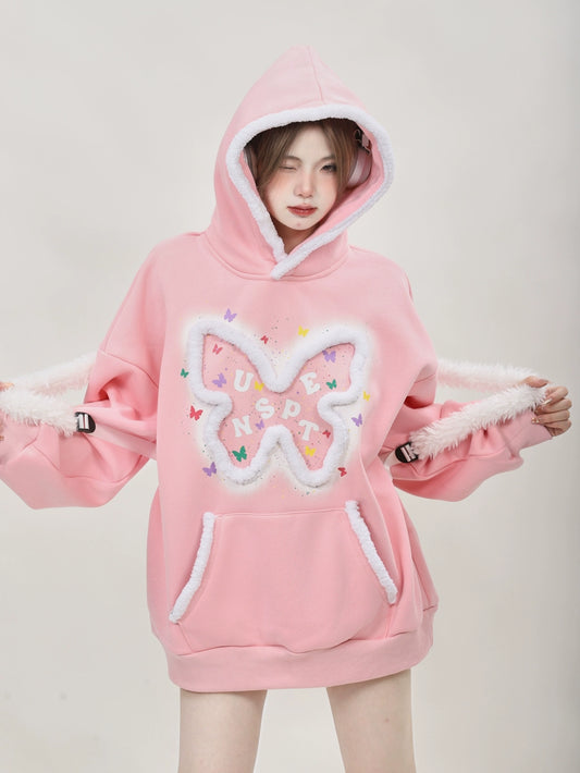 Oversized Kawaii Pink butterfly pullover sweatshirts, hoodies, with added fleece and thickened #PN-5008