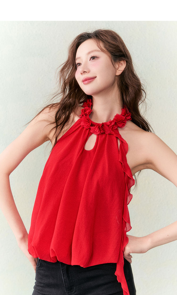 OCRC Official Red Flower Collar Spaghetti Strap Design Sensation Floating Ribbon Bud Chiffon Top