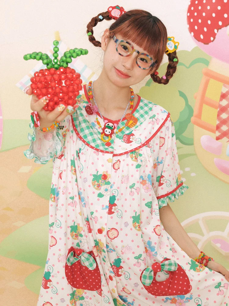 Strawberry Bear Print Loose One-piece- Simple Outfits