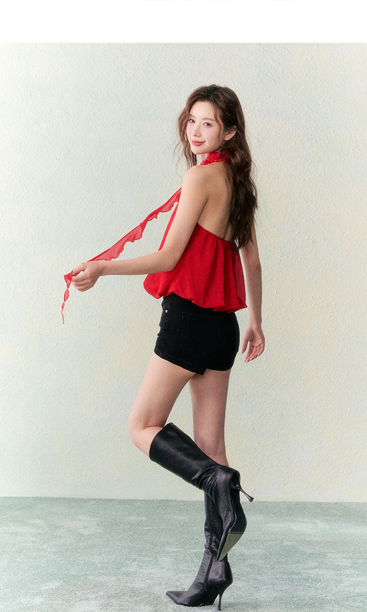 OCRC Official Red Flower Collar Spaghetti Strap Design Sensation Floating Ribbon Bud Chiffon Top