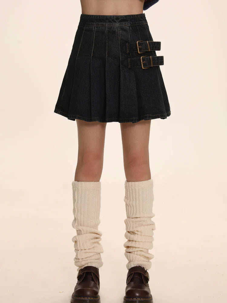 Double Strap Short Pleated Denim Skirt