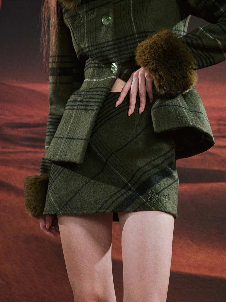 Plaid Woolen Splicing Jacket & A-Line Skirt