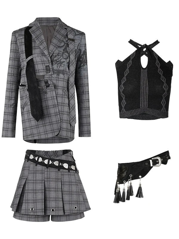 Graffiti Printed Plaid Loose Jacket & Pleated Culottes & Vest & Belt