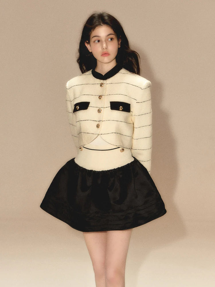 Line Border Mao Collar Short Jacket & Puffy Skirt