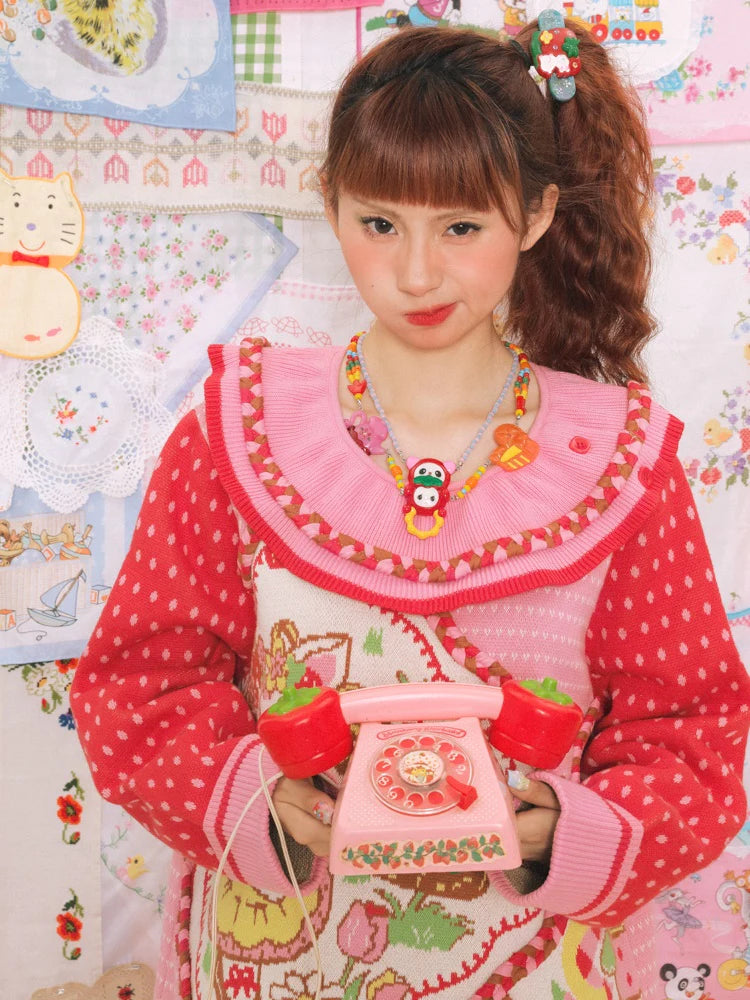 Large Lapel Cat Strawberry Jacquard Pullover Sweater- Outfits Aesthetic