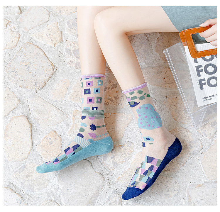 CrazySox's new French art silk stockings for women, featuring thin AB asymmetrical glass silk trendy mid-calf socks.