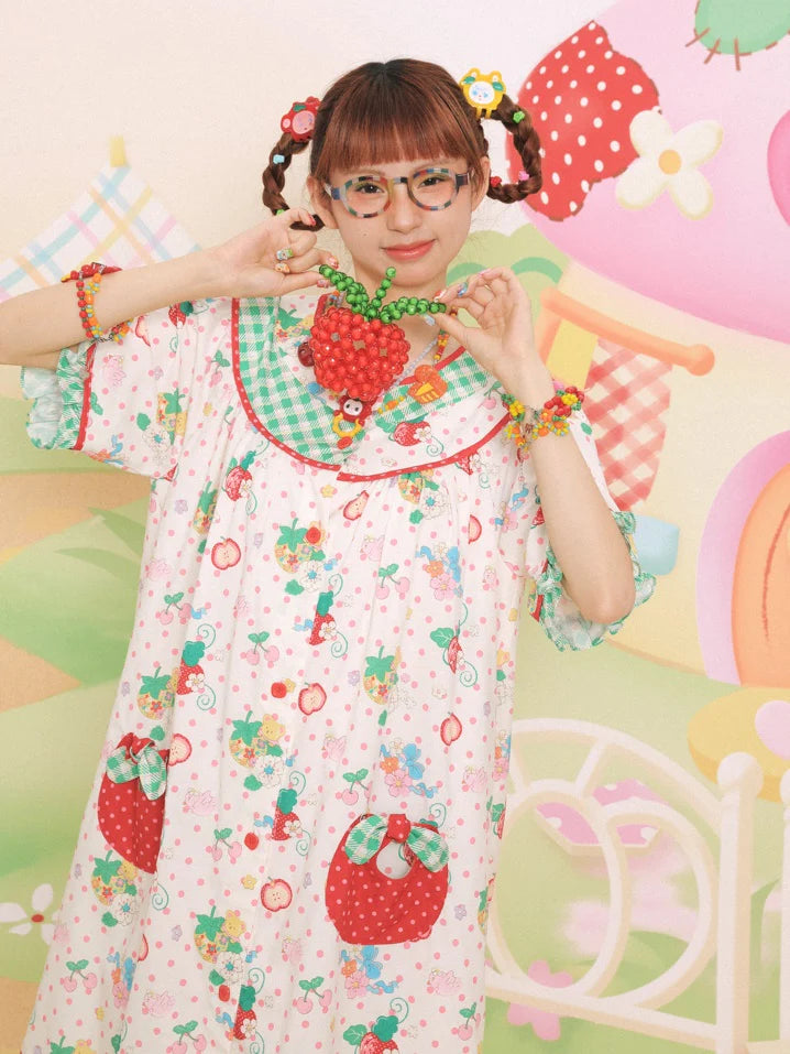 Strawberry Bear Print Loose One-piece- Simple Outfits