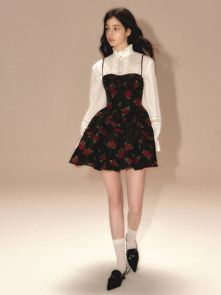 Rose Jacquard Puffy Suspender Dress