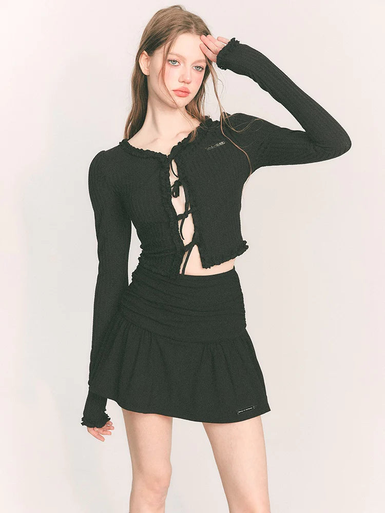 Strap Bow Short Knit Slim Cardigan