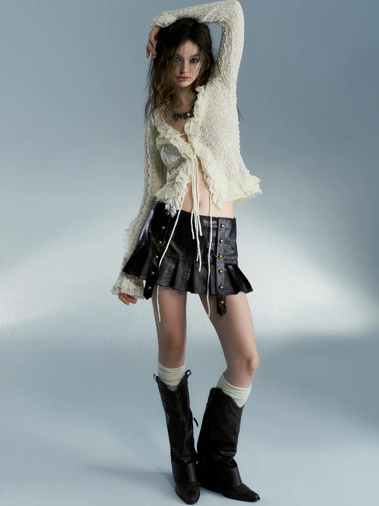 Washed Leather Distressed Rivet Pleated Skirt- Outfit Ideas