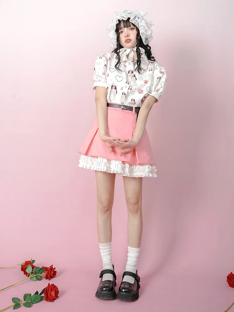 Antique Doll Rose Pearl Print Puff Sleeve Shirt- Outfit Inspo