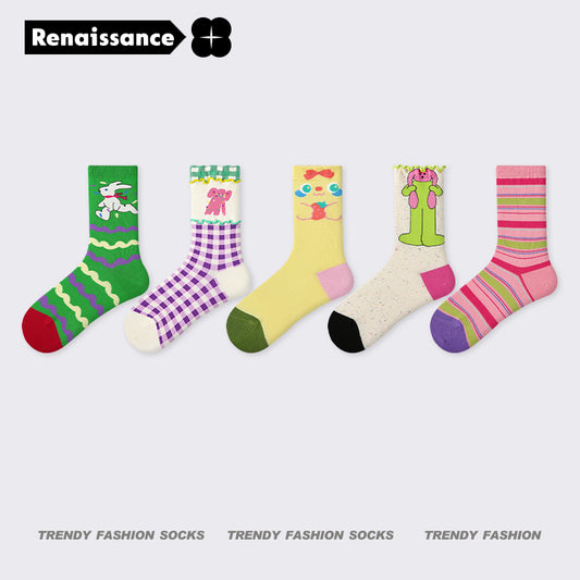 Renaissance original women's socks, autumn and spring new dopamine mid-length tube socks, INS trendy Barbie girls cotton socks - R8601 Rabbitovsky